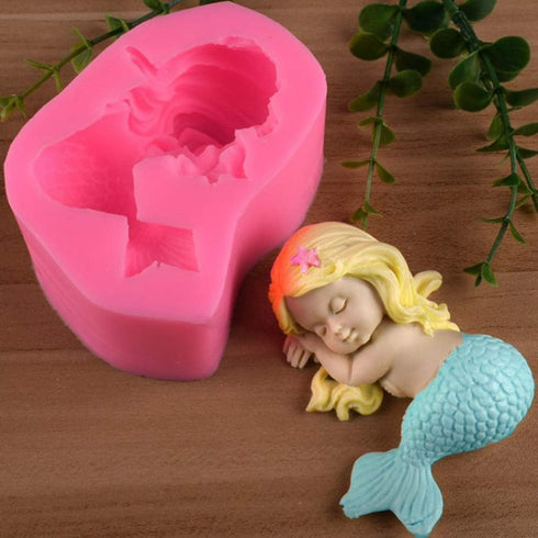 OBTANIM Silicone Mermaid Fondant Mold, Cute 3D Sleeping Baby Girl Mould for Cake Topper DIY Decoration Baking Tool