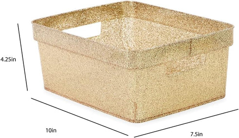 Isaac Jacobs Small Glitter Storage Bin (10” x 7.5” x 4.25”), Set with Cut-Out Handles, Multi-Functional Organizer, Gold