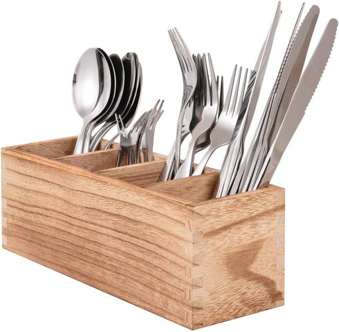 WuGeShop Wood Cutlery Caddy, Kitchen Utensil Organizer with 4 Compartments for Flatware Storage