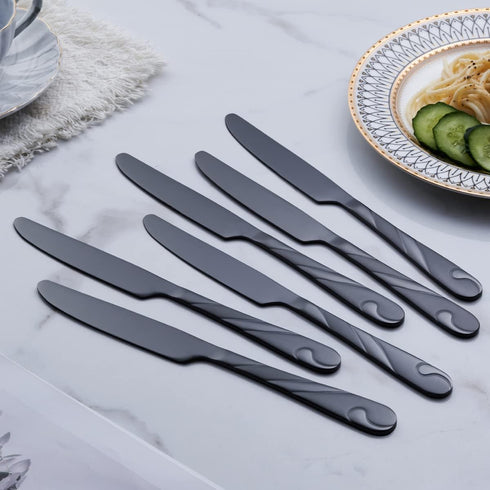 Black Dinner Knife Set, 9.2-inch Stainless Steel Shiny Black Silverware, Set of 6