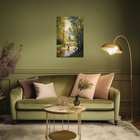 QIXIANG Spring Canvas Wall Art Green Forest Tree River Picture Prints for Living Room Decor (12.00" x 18.00")