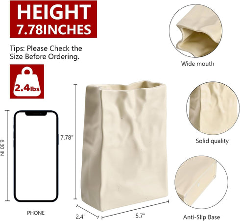 8 Inch Relexome Paper Bag Vase Crinkle Wide Ceramic Flower Vase Cream White Boho Wabi-Sabi Vases, Cute Home Office