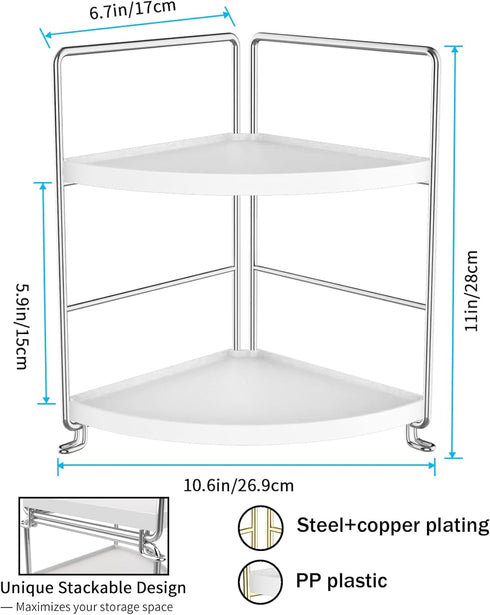 FSyueyun 2-Tier Corner Bathroom Counter Organizer, Tool-less Installation Vanity Shelf for Skincare, Makeup Tray