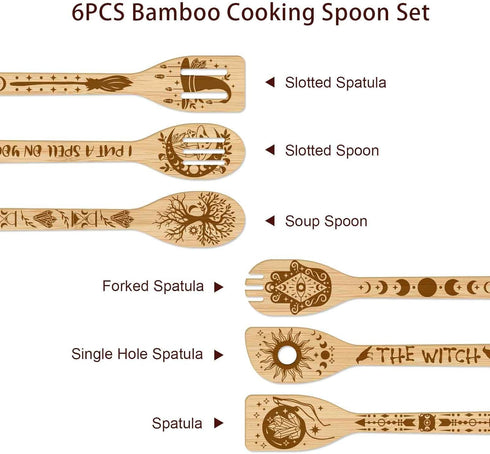 GLOBLELAND 6Pcs Magic Divination Bamboo Cooking Utensils Wooden Engraved Cooking Spoons Set Carving Kitchen Bamboo Spatula Set Wood Cooking Spoon for Kitchen House Warming Gift