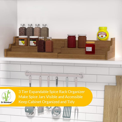 Bamboo Spice Rack Cabinet Organizer - 3 Tier Wooden Expandable Walnut Display Shelf by Zri Bamboo