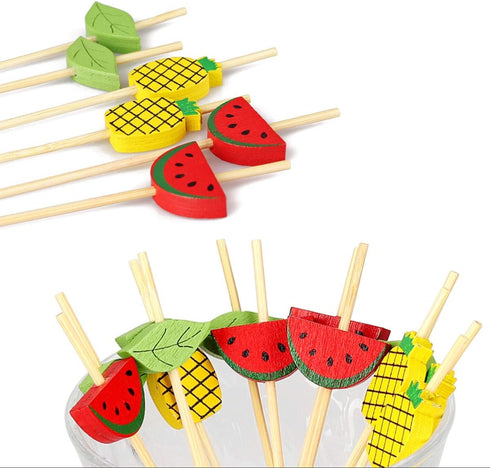 Minisland Mix-colored Watermelon Pineapple Leaf Cocktail Picks, 4.7 Inch Long Bamboo Toothpicks for Appetizers, 100
