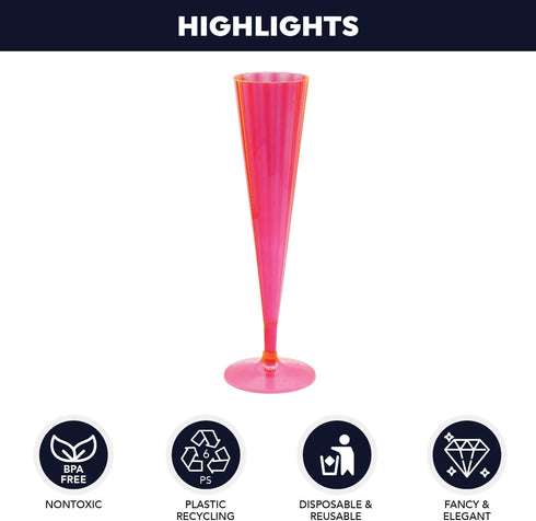 Party Essentials 20 Count Hard Plastic 5 oz Champagne Flutes, Neon Pink