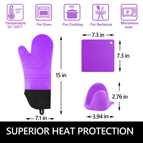 Silicone Oven Mitts and Pot Holders Set - MTZRFLL Extra Long Heat Resistant Gloves with Hot Pads and Mini Oven Mitts
