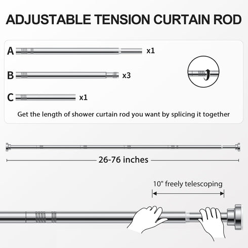 Ausemku Shower Curtain Rod Tension - 26-76 Inch Non-Slip Spring Tension Curtain Rod for Bathroom Kitchen (Silver)
