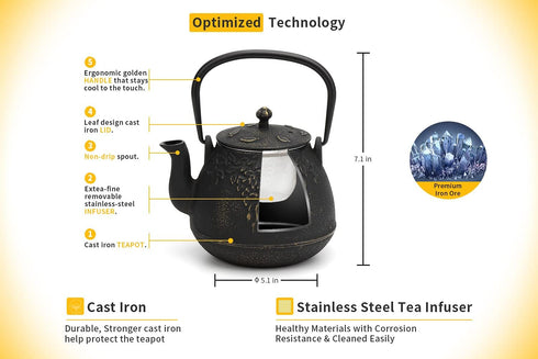 TOPTIER Japanese Cast Iron Tea Kettle - Humidifier for Stove Top, Leaf Design, 32 Ounce (950 ml), Black