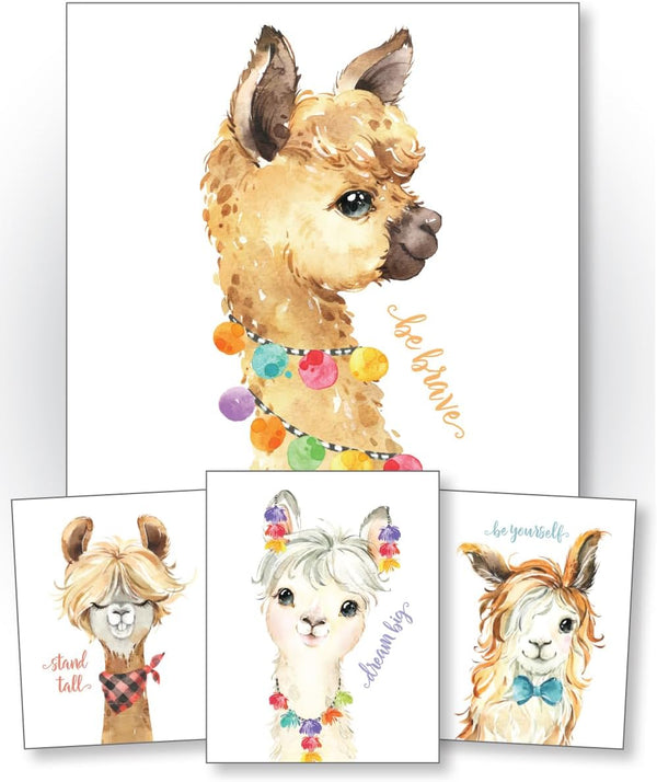 Confetti Fox Llama Nursery Wall Art Decor - 8x10 Unframed Set of 4 Prints, Kids Cute Alpaca Pictures