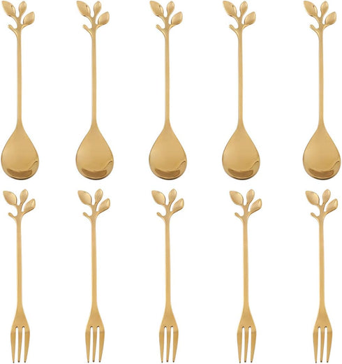 AnSaw 10-Pc Mini Spoons & Forks Set, 4.7" Stainless Steel, Leaf Handle for Coffee, Tea, Appetizers, Parties