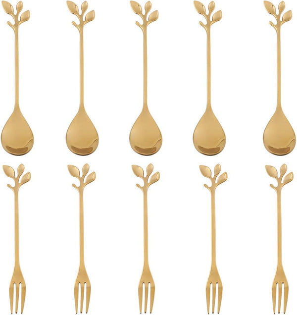 AnSaw 10-Pc Mini Spoons & Forks Set, 4.7" Stainless Steel, Leaf Handle for Coffee, Tea, Appetizers, Parties