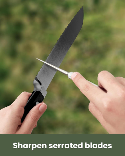Wamery Serrated Knife Sharpener, Black Pocket Knife Sharpener with Retractable Diamond Sharpening Rod