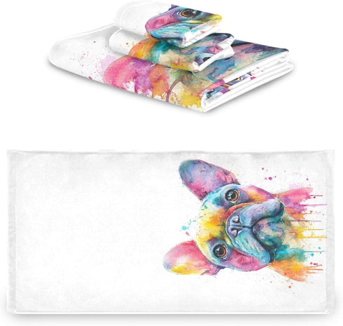 Set 3 Sets Pfrewn French Bulldog Puppy Towels of Watercolor Dog Colorful Art Bathroom Towel Soft Absorbent Bath Hand
