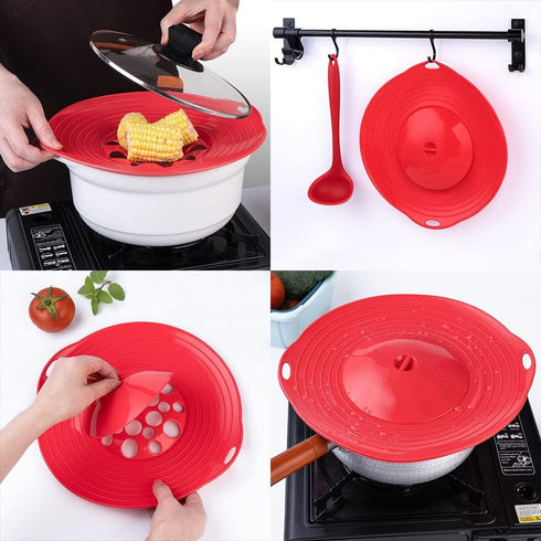 Silicone Boil Over Spill Stopper Lid - FDA Food Grade, BPA-free Instant Pot Cover Fits Openings 6" to 10" (Red)
