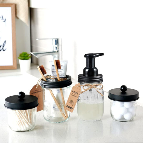 Amolliar 4 Pack Mason Jar Bathroom Accessories Set - Rustic Farmhouse Decor with Foaming Soap Dispenser and Toothbrush