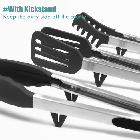 Tongs for Cooking, 12" Kitchen Tongs with Silicone Tips, Food Grade Serving Tongs Set of 3, Black by TOWINGO