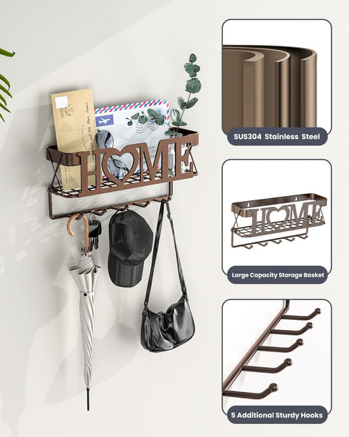Key Holder for Wall - Self Adhesive Key Holder Wall Mount with 5 Key Hooks, Mail Organizer Wall Mounted, Key Hanger for