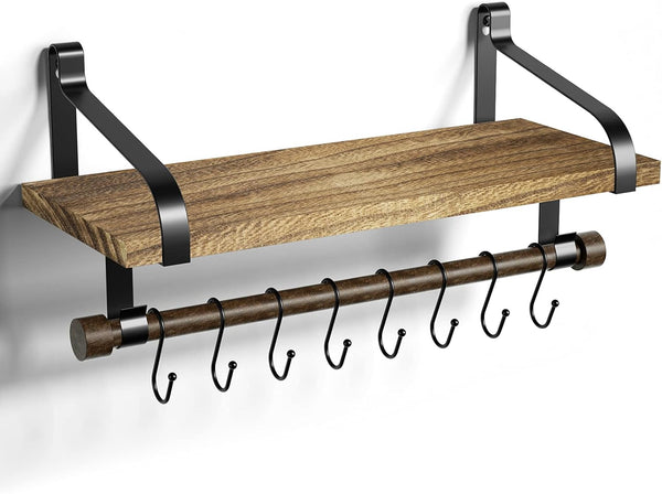 Love-KANKEI Floating Shelf, Rustic Wood Kitchen Spice Rack with Towel Bar and 8 Removable Hooks for Utensils