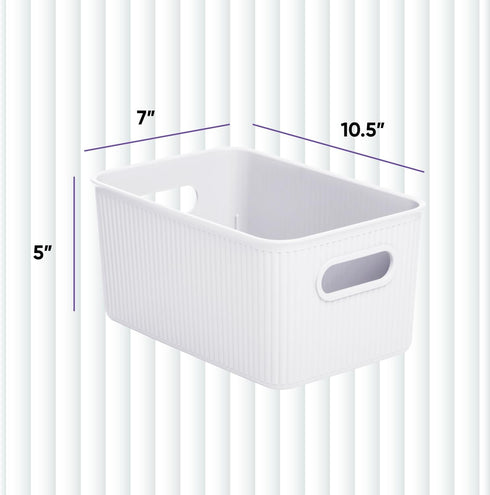Superio Ribbed Collection - Decorative Plastic Open Home Storage Bins, Medium White (4 Pack) Container Boxes for