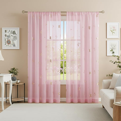 Jubilantex Pink Butterfly Sheer Curtains Gold Print Drapes for Baby Girls Nursery,