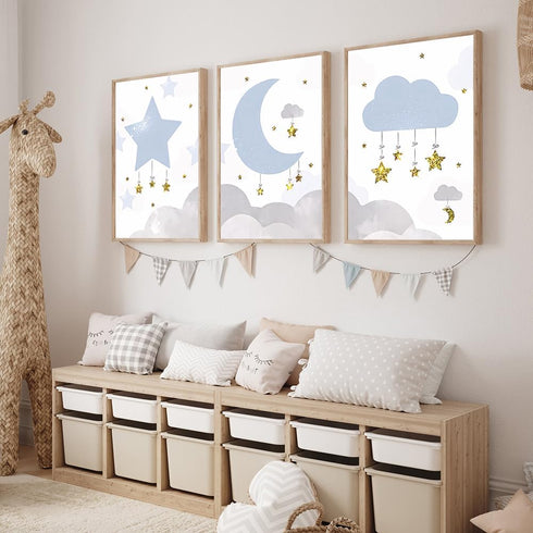 LUHDFYS Cartoon Moon and Stars Canvas Wall Art Print,Scandinavian Style Nursery Decor Poster,Blue Moon and Stars Wall