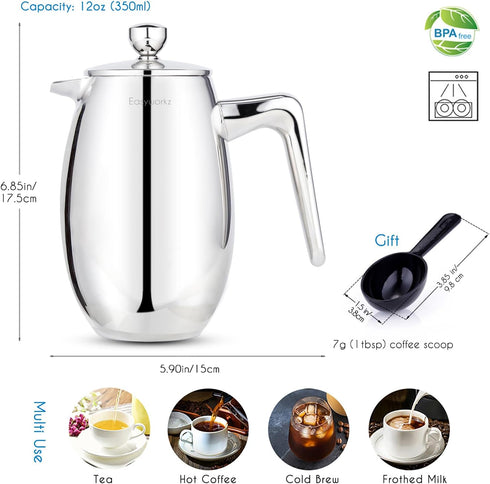 Easyworkz Nando 12 oz Double Wall Insulated Thermal French Press, 304 Stainless Steel
