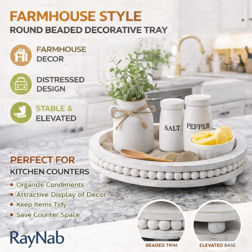 RayNab 12" Farmhouse Round Wooden Beaded Tray Whitewashed Rustic Decorative Wood Tray for Coffee Table, Kitchen