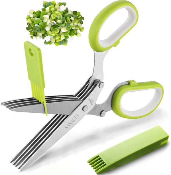 2023 Updated Herb Scissors Set - 5 Blades and Cover for Cutting Lettuce, Cilantro, Green Onion, and Paper