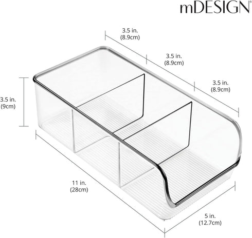 mDesign 4 Pack Plastic Food Storage Bin Organizer with 3 Compartments for Kitchen, Pantry, Shelf, Drawer, Fridge,