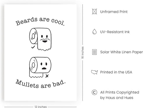 HAUS AND HUES Funny Bathroom Decor & Prints, Bathroom Humor Wall Decor, 12" x 16" UNFRAMED (Beard/Mullet)