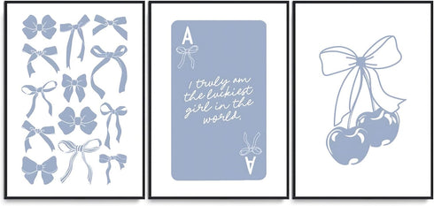 Preppy Blue Bows Canvas Wall Art | Trendy College Apartment Prints, Lucky Girl Syndrome Posters, Aesthetic Girly Wall