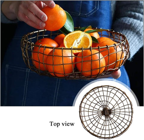 Retro Handcrafted Iron Fruit Basket, Rustic Farmhouse Wire Bowl for Kitchen Table Dining Decoration