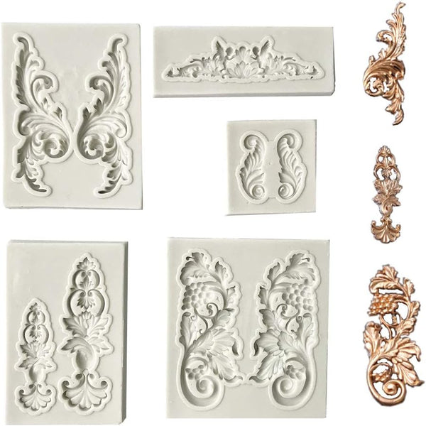 Juland 5 PCS Silicone Fondant Cake Mold, Baroque Style Curlicues Scroll Mold for Sugarcraft and Crafting Projects