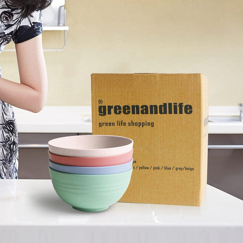 greenandlife Lightweight Unbreakable Wheat Straw Bowl - 4pcs Dishwasher Microwave Safe Noodle Fruit Soup Rice Bowls