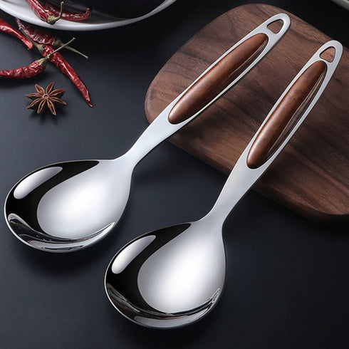 2pcs Stainless Steel Rice Spoon Rice Cooker Dishes Condiment Spoon Soup Rice Ladle Spoon Rice Serving Spoon Rice Scooper Asian Spoons Kitchen Scoops Non Stick Yogurt Spoon Wood