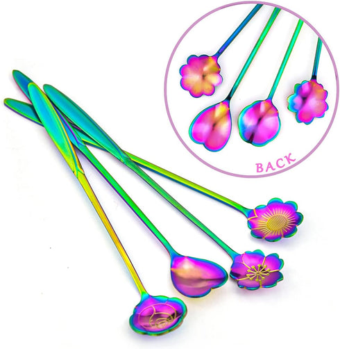 Flower Spoon Set of 4 PCS, LEEFONE 7" Flower Pattern Long Handle Spoon for Tea & Ice Cream