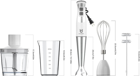 Immersion Hand Blender, UTALENT 5-in-1 8-Speed with 500ml Food Grinder, 600ml Container, Milk Frother, White