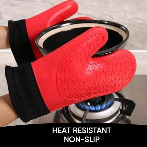 2PCS Red Black Extra Large Silicone Oven Mitts and Pot Holders - Heat Resistant Gloves for Cooking