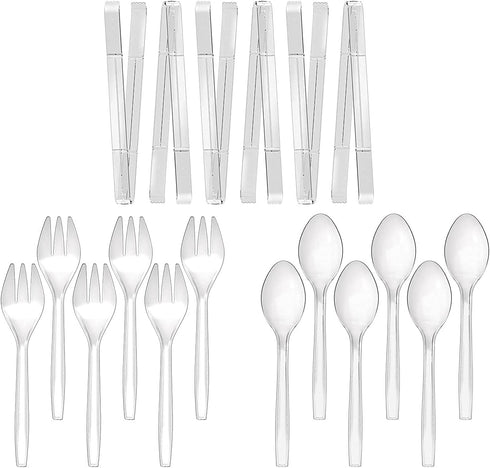 Plastic Serving Utensils, 9" Clear Disposable Utensils 18 Pack, Includes Serving Tongs, Spoons, and Forks