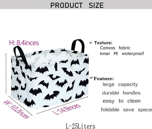KUNRO Bat Pattern Halloween Storage Gift Basket, Canvas Storage Bins with Handles, Rectangle Organizer