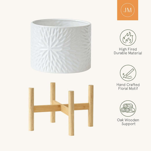8 Inch LA JOLIE MUSE White Planter with Stand,Mid Century Planters for Indoor Plants,Ceramic Plant Pot with Stand