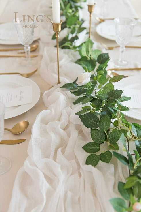 Ling's Moment 10Ft x 35" Wide Brilliant White Gauze Semi-Sheer Table Runner for Wedding Party Bridal Shower Decor