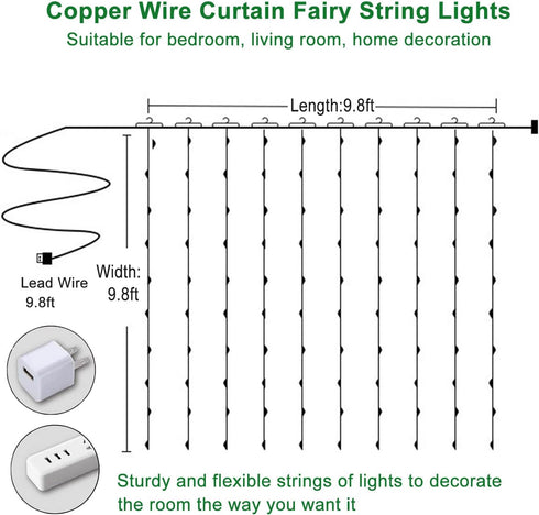 300 8 9.8x9.8Ft LED Curtain String Lights, Fairy Lights with Light Modes, Remote USB Plug Fairy String Lights