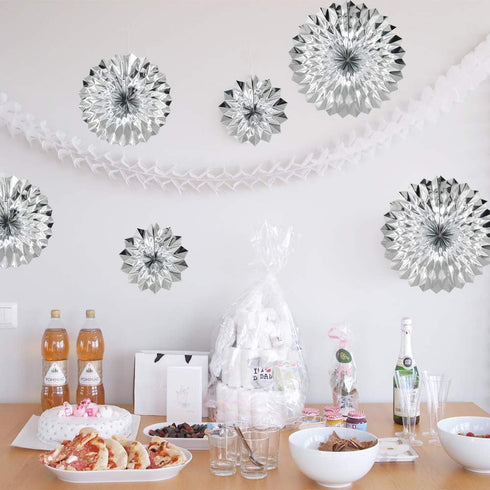 Hanging Paper Fans Party Set, Silver Round Pattern Paper Garlands for Birthday, Baby Shower, Graduation, Set of 6
