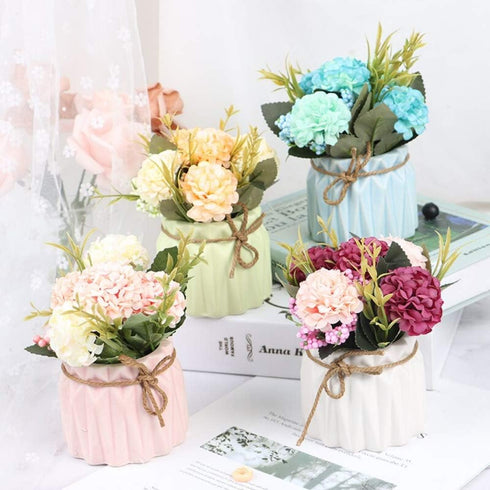 Fake Hydrangeas with Pot, Mini Hydrangea Artificial Flowers, Artificial Plant in Ceramic Vase for Office Desktop