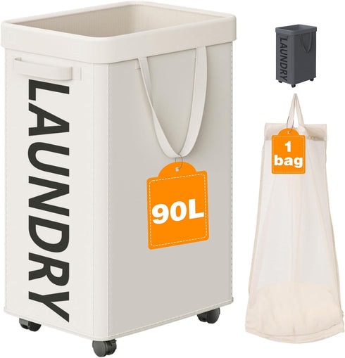 Optish Laundry Basket with Wheels, 90L Rolling Laundry Hamper with Wheels, Large Clothes