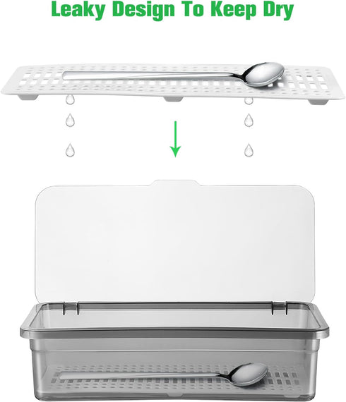Flatware Tray Kitchen Drawer Organizer with Lid, Plastic Cutlery Tray and Utensil Storage Container with Cover,