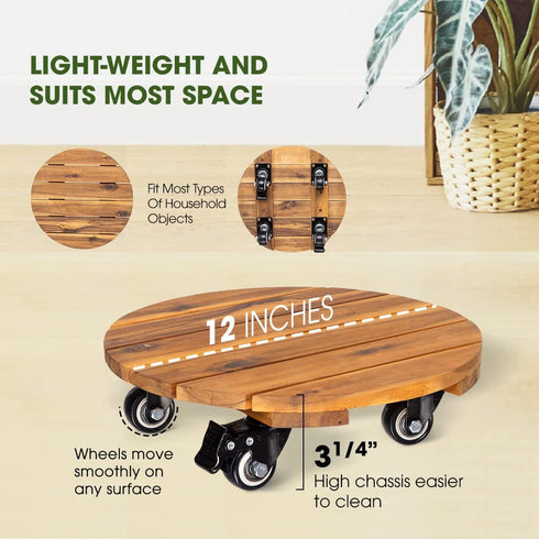 2pack 12inches 264 Lbs 360 Idzo Wood Plant Caddy with Wheels Heavy Duty, Capacity, Acacia Hardwood Plant Dolly, Plant